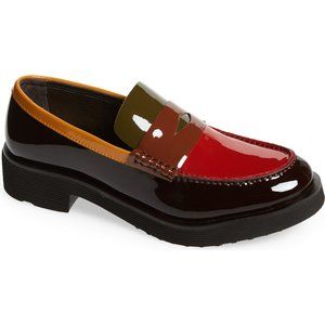 NEW Jeffrey Campbell Lenna Penny Loafer in Dark Patent Multi Color Block Size 9